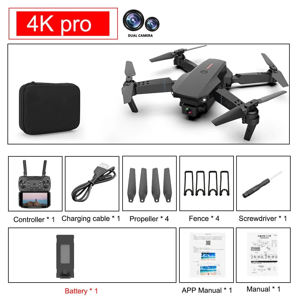 E88 Pro Foldable Quadcopter Drone - WIFI FPV, HD 4K Camera, Altitude Hold - techshot